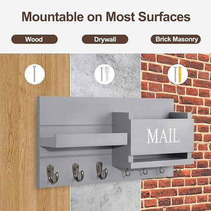 Mail Organizer for Wall Mount – Key Holder with Shelf Includes Letter Holder and Hooks for Hallway Farmhouse Decor – Rustic Wood with Flush Mounting Hardware (16.5” x 9.1” x 3.4”) (Gray)