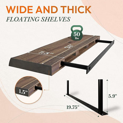 Howizz 24" Acacia Live Edge Floating Shelves Set of 2 - Wall Mounted Wooden Shelf for Stylish Home Décor - Dark Walnut Color 24x7.5x1.5 Inches