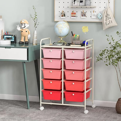 Giantex 10 Drawers Rolling Cart, Classroom Organizers, Storage Cart with Wheels, for Teacher Office Home School Supplies Tool Craft Art Paper, Pink Gradient