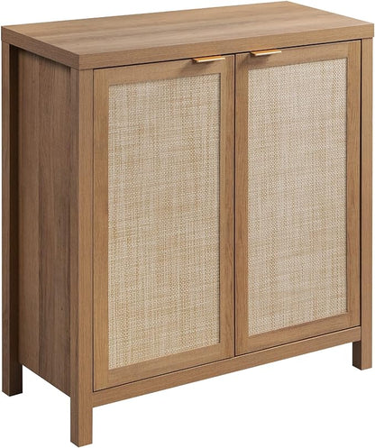 SICOTAS Sideboard Buffet Cabinet with Large Storage - Boho Rattan Credenza Coffee Bar Cabinets with Adjustable Shelves, Buffet Console Table for Kitchen Living Room Hallway - Oak