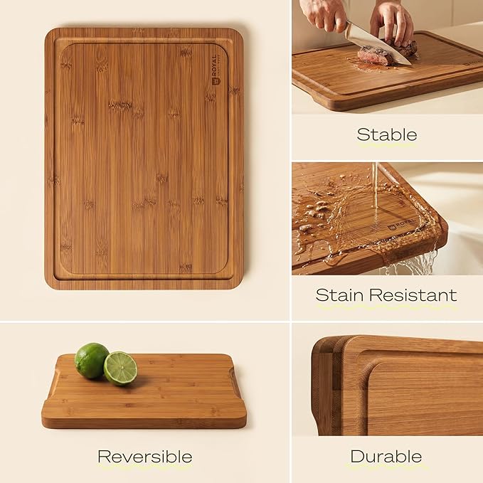 ROYAL CRAFT WOOD Wooden Cutting Boards for Kitchen Meal Prep & Serving - Bamboo Non Toxic Cutting Board Set with Deep Juice Groove Side Handles - Charcuterie & Chopping Butcher Block for Meat (4 Pcs)