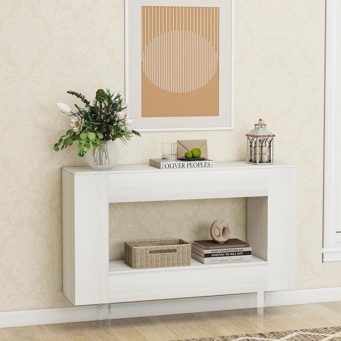 Narrow Console Table with Hidden Side Storage Cabinets, Adjustable Shelves, Modern Entryway Sofa Table for Behind The Couch, Living Room, Hallway, White