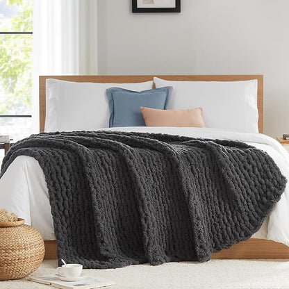 L'AGRATY Chunky Knit Blanket Throw: 80''x90'' Chenille Chunky Knitted Throw Blankets for Bed Couch - Handmade Thick Big Cable Knit Blanket - Large Crochet Blankets for Home Decor(Dark Grey)