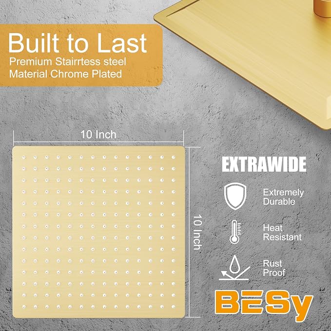 BESy 10 Inch Rain Shower Head, 10" Square Rainfall & High Pressure Stainless Steel Bath Showerhead, 1/16" Ultra Thin, Waterfall Full Body Coverage with Silicone Nozzle, Brushed Gold