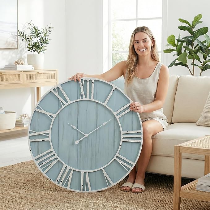 EMAX HOME Large Farmhouse Wall Clock 30 Inch Vintage Blue Wooden Wall Clock with Quiet Ticking and Minimalist Roman Numerals for Bedroom Living Room Office Kitchen Home Decor, Battery Operated
