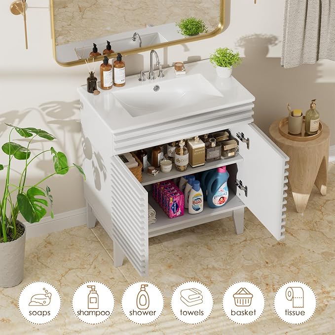 ROOMTEC 30" Bathroom Vanity with Sink, Mid-Century Freestanding Bathroom Vanity Sink with Storage, Undermount Ceramic Sink, Particleboard Frame with Wood Grain Laminate, White