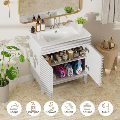 ROOMTEC 30" Bathroom Vanity with Sink, Mid-Century Freestanding Bathroom Vanity Sink with Storage, Undermount Ceramic Sink, Particleboard Frame with Wood Grain Laminate, White