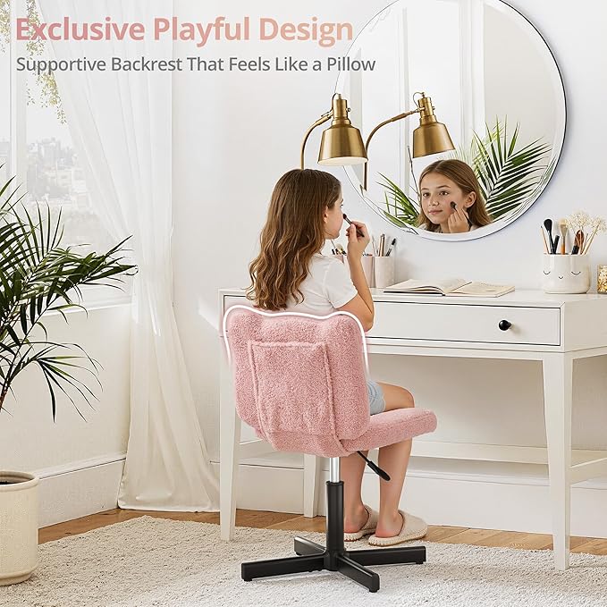LUE BONA Adjustable Vanity Stool Chair with Girly Bear Ear Wide Back, 360° Swivel Vanity Stool for Makeup Room, Upholstered Teddy Velvet Ottoman for Girls, 350lbs, Pink