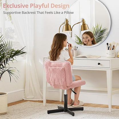 LUE BONA Adjustable Vanity Stool Chair with Girly Bear Ear Wide Back, 360° Swivel Vanity Stool for Makeup Room, Upholstered Teddy Velvet Ottoman for Girls, 350lbs, Pink