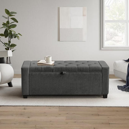 GRAINELL Storage Ottoman Bench, Upholstered Tufted Bedroom Bench with Storage, End of Bed Storage Bench for Living Room & Entryway, 350 lb Capacity, Linen Dark Gray