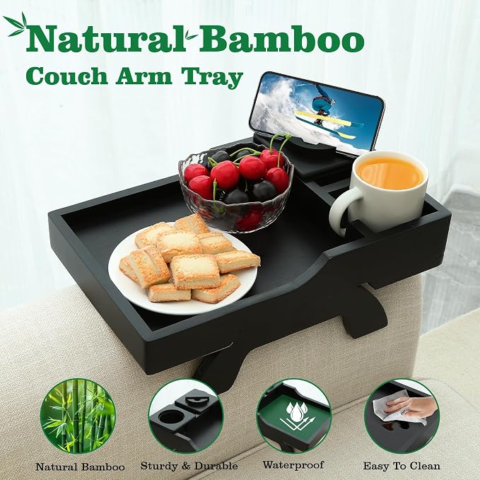 GHKINMAL Couch Cup Holder Tray, 15.4"x9.9" Large 4 in 1 Couch Arm Tray with 360°Rotated Phone Holder, Non-Slip Clip on Side Table for Drinks/Remote/Snacks, Ideal Gift for Husband, Wife, Parents