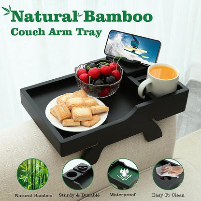 GHKINMAL Couch Cup Holder Tray, 15.4"x9.9" Large 4 in 1 Couch Arm Tray with 360°Rotated Phone Holder, Non-Slip Clip on Side Table for Drinks/Remote/Snacks, Ideal Gift for Husband, Wife, Parents