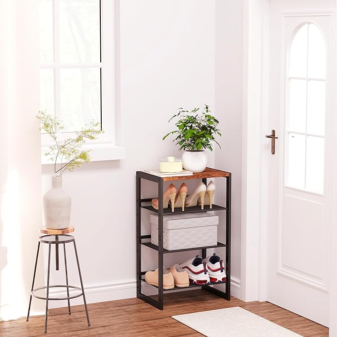 Narrow 4-Tier Shoe Rack, Slim Space-Saving Shelf with Decorative Wood Top & Steel Mesh, Entryway/Closet/Dorm Organizer, 16.5x11.8x27.9 Inches