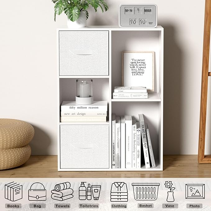 Cube Bookshelf, White Wooden Cube Storage Organizer, Freestanding Book Shelf, Cubby Shelf, Perfect Shelves for Bedroom, Kids Room, Closet, Classroom & Office (5-Cube)