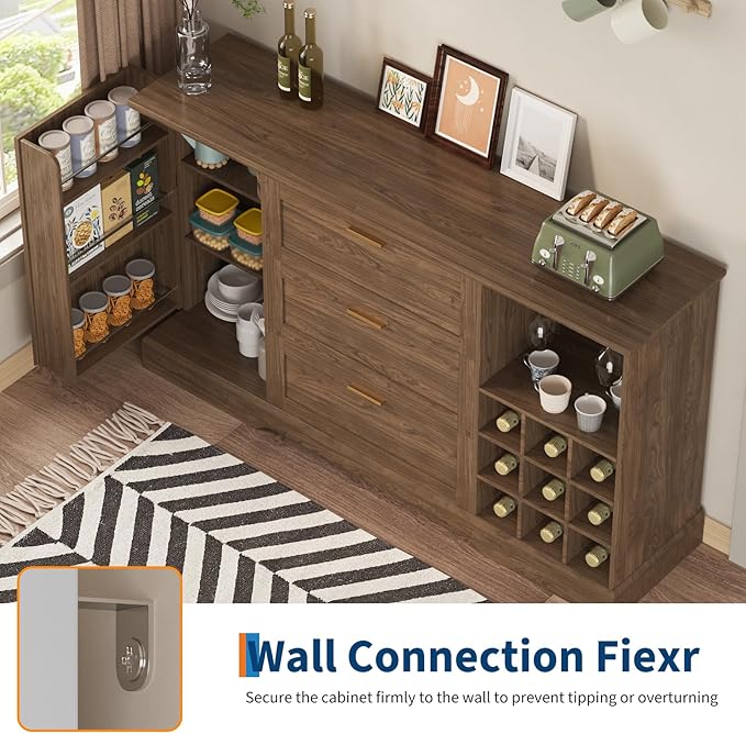 GarveeHome 63 Inch Farmhouse Sideboard Buffet with Drawer Adjustable Shelves,Kitchen Island with Door-Back Rack for Snacks,Coffee Bar Buffet with Wine Racks Storage for Kitchen Entryway Rustic Walnut