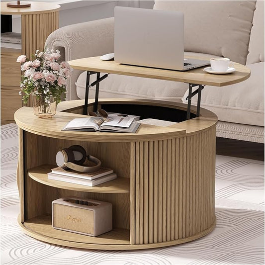 JOINICE 31.5" Round Lift Top Coffee Table,Natural Oak Modern Fluted Drum Center Table with Hidden Storage, Japandi Scandi Wood Circle Desk for Boho Living Room & Apartment