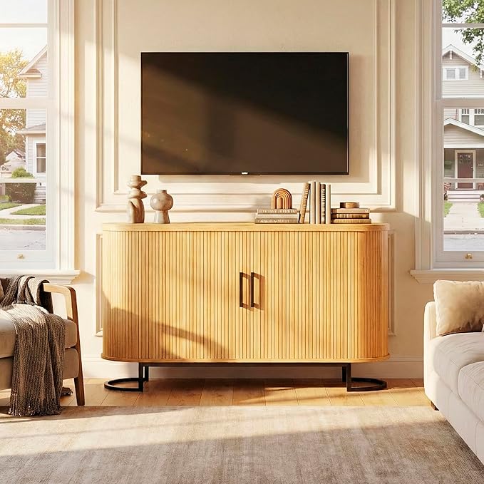 54.3" Sideboard Buffet Cabinet with Storage, Buffet Cabinet with Sliding Door & Adjustable Shelf, Modern Sideboard Cabinets for Kitchen, Living Room, Entryway, Oak