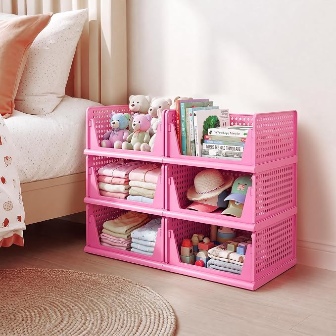 Pink Girl Closet Organizers and Storage Stackable Plastic Drawer Basket for Clothing Stackable Storage Bins Shelf Storage Container for RV Closet Wardrobe Bedroom Bathroom Playroom 6 Pack