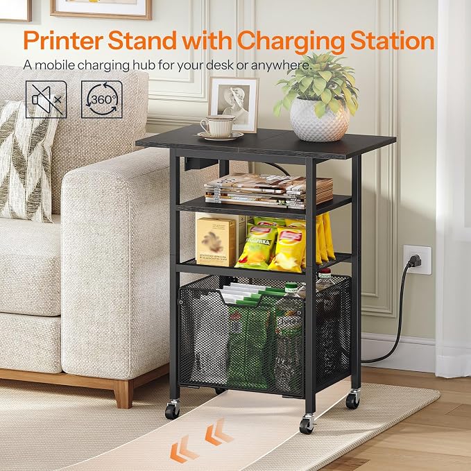 HOOBRO Printer Stand, Printer Table with Charging Station, Printer Cart with Hanging File Folder Organizer, Rolling File Cabinet Cart, Shelf for Home Office, Black BB17UPS01