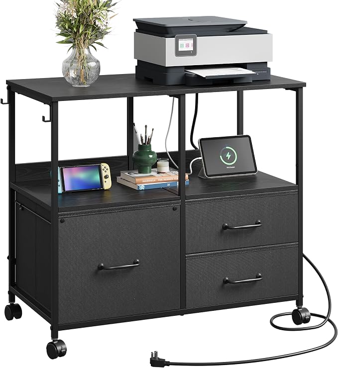 DEVAISE 3 Drawer File Cabinet with Charging Station, Rolling Printer Stand for Office Storage, Mobile Filing Cabinet fits Under Desk Storage, Black