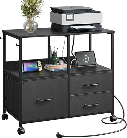 DEVAISE 3 Drawer File Cabinet with Charging Station, Rolling Printer Stand for Office Storage, Mobile Filing Cabinet fits Under Desk Storage, Black