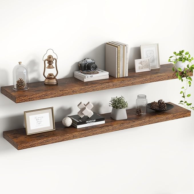 Acovy 48 Inch Floating Shelves, 8 Inch Deep Floating Shelves for Wall, Hanging Shelf with Invisible Brackets, Deep Shelves for Bathroom, Bedroom, Living Room, Brown, Set of 2
