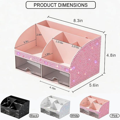 Bling Makeup Organizer with Drawers, Cosmetic Storage for Dresser Vanity and Bathroom Countertop, Beauty Holder for Lipstick Brush, Skincare Organizer for Vanity, Cosmetic Display Case Bling Pink