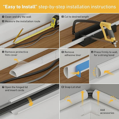 D-Line 157in Cord Cover Kit, Self-Adhesive Wire Hiders, Paintable Cable Raceway to Hide Wires on Wall, Electrical Cable Management - 10x 15.7 Lengths & 19 Accessories - 1.18" (W) x 0.59" (H) - Beige