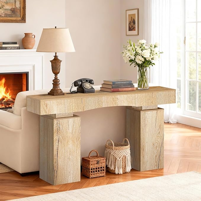 63 Inch Long Entryway Table Bold, Wooden Console Table with Socket Farmhouse Sofa Table for Entrance, Hallway, Living Room, Behind Couch(Natural Brown)