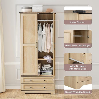 Brafab Armoire Wardrobe Closet with 2 Modern Doors Set of 2, 71" Tall Freestanding Closet Wardrobe Cabinet with Drawers and Hanging Rail, Wooden Storage Cabinet with Shelve for Bedroom, Natural