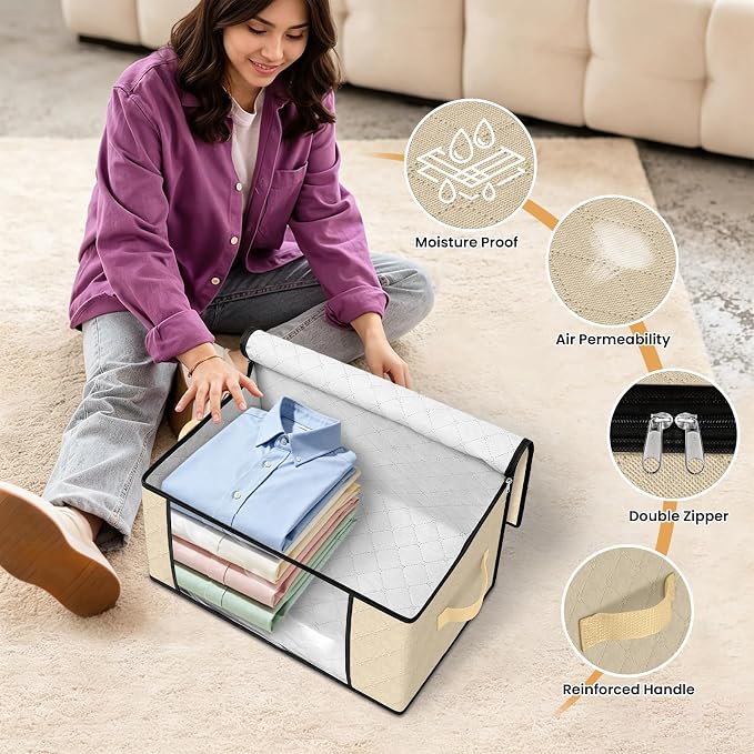 Fab totes 35L Closet Organizers and Storage, Foldable Under Bed Storage Containers, Storage bags for Organizing Bedroom, Closet, Clothing,Organization with Handle (10 Pack,Beige)