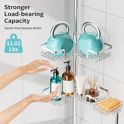 KEGII Shower Caddy Tension Pole – Corner Rustproof Bathroom Organizer with Soap Holder & Hooks, No-Drill Adjustable Shower Shelf for Renters for Families & Renters, 25-114.2 Inch, Silver