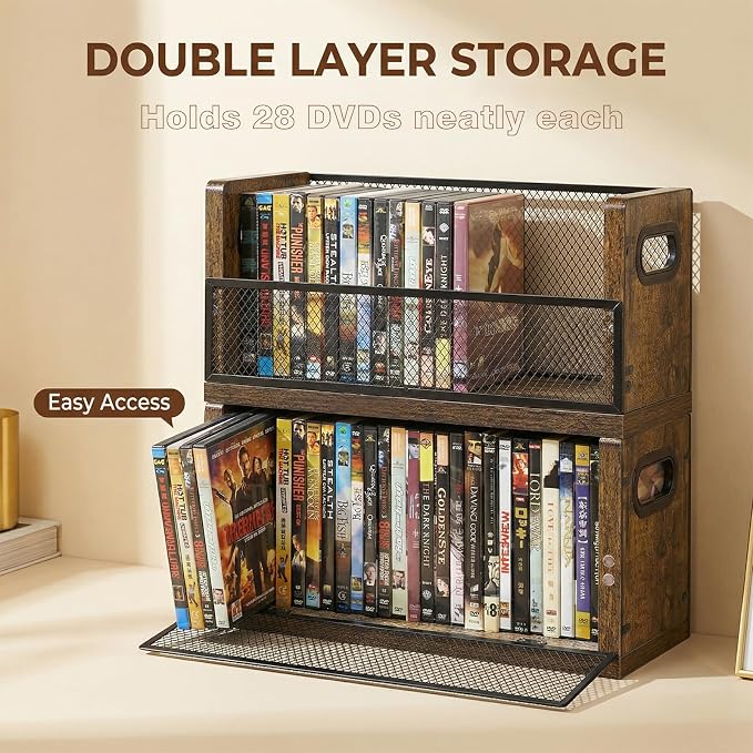 PUTNATRURE DVD CD Storage Rack, 3 Pack Holds 84 DVDs (28 Each), Stackable Wood & Metal DVD Tower with Magnetic Opening Door for Easy Access, Desktop Organizer for Blu ray, Video Game Cases, VHS Tapes