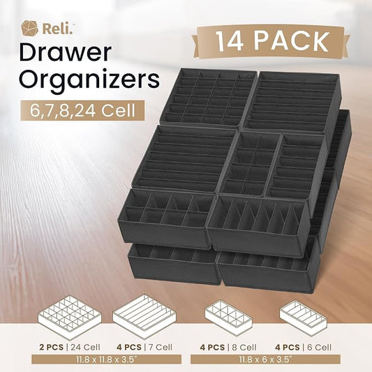 Reli. Sock Organizer (14 Pack) | 132 Cell Underwear Organizer | Drawer Dividers for Underwear, Sock, Tie, Bras, Clothing, Baby Clothes | Foldable Fabric Storage Bins for Drawer, Closet, Dresser (Gray)