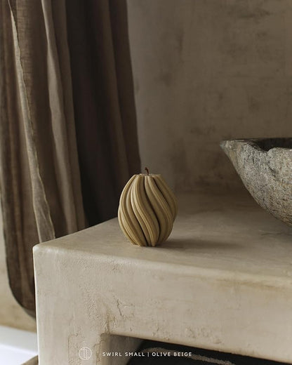 LAWA Swirl Candle - Beautiful Handmade Pillar Scented Soy Wax Twirl Elegant Bubble Aesthetic Candle Housewarming Gift Home Room Shelf Decor Idea Spiral Olive Beige (Small)