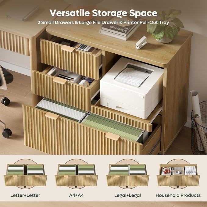 Bestier 3 Drawer File Cabinet, Decorative Fluted Wood Lateral Filing Cabinet with Caster for Home Office, Fits for A4/Letter/Legal-Sized Files, Printer Stand with Open Storage Shelves, Oak