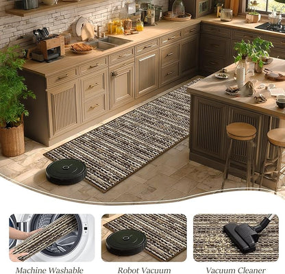 Kitchen Rugs Sets of 2-Non Slip Kitchen Mats for Floor-Thick Stain Resistant Vintage Kitchen Floor Mat Runner Carpet for Hallways Entryway Laundry Room Washable（Brown 24"x70"+20"x47"）