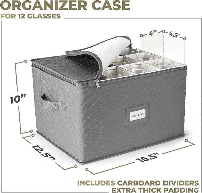 Sorbus Stemware Storage Chest - Deluxe Quilted Case with Dividers - Service for 12 - Great for Protecting or Transporting Wine Glasses, Champagne Flutes, Goblets, and more (Storage Glass - Gray)
