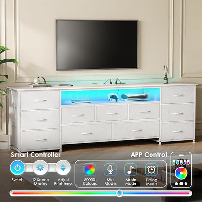 Huuger 70 Inch TV Stand for 75, 80 Inch TV, 11 Drawer Long Dresser with Power Outlets and LED Lights, Entertainment Center with Storage, White Dresser with PU Leather Surface