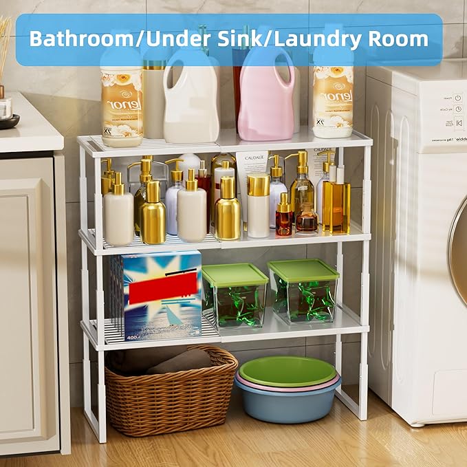 Shelf Organizer Stackable 2 Pack: Expandable (15.8"-25.5") Spice Rack Height Adjustable(6.2"/7.3"/8.5") Kitchen Organizer Countertop Metal Shelves for Pantry Storage White