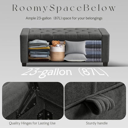 GRAINELL Storage Ottoman Bench, Upholstered Tufted Bedroom Bench with Storage, End of Bed Storage Bench for Living Room & Entryway, 350 lb Capacity, Linen Dark Gray
