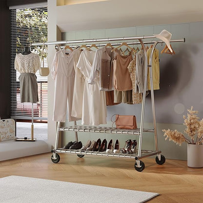 Raybee 78" W Heavy Duty Clothes Rack Loads 630 LBS, Double Rods Clothing Racks for Hanging 450+ Clothes, Clothing Rack with Wheels, Portable Commercial Garment Rack, Chrome