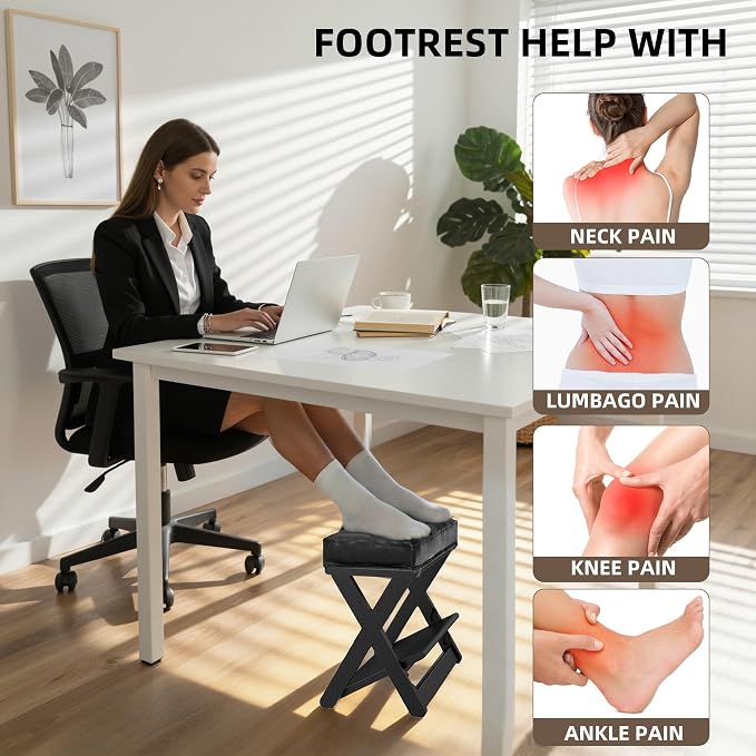 Adjustable Height Foot Rest Under Desk at Work, Double Step Wooden Under Desk Footrest, Non-Slip EVA Surface, Office Foot Stool for Posture Support, Leg Relief, Home Office & Gaming-Black