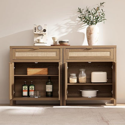 SICOTAS Buffet Cabinet Sideboard with Storage, Rattan Accent Cabinet with Doors Drawer, Boho Credenzas Farmhouse Buffet Table Console Coffee Bar Cabinets for Entryway Living Room, Natural Oak