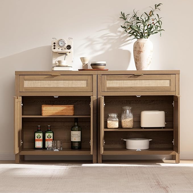 SICOTAS Sideboard Buffet Cabinet Set of 2, Rattan Credenza Storage Cabinet, Boho Buffet Table Console Cabinets with Drawer, Farmhouse Coffee Bar for Entryway Living Room, Natural Oak