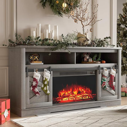 YESHOMY Fireplace TV Stand for Television up to 65+ Inch with Storage and Farmhouse Sliding Barn Doors, Entertainment Center with Cabinet and Shelves, Media Console for Living Room,Rustic Gray