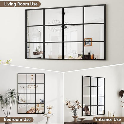 Metal Window Mirror Oversize, 47'' x 32'' Large Decorative Wall Mirror, Mirror Window for Wall Decor, Grid Wall Mirror for Living Room, Bedroom, Entryway, Matte Black