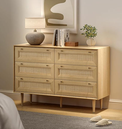Rattan 6 Drawer Dresser, Modern Closet Dressers of Drawers with Natural Rattan, Boho Dresser Chest, TV Stand of Drawers, Wood Storage Drawer Organizer for Bedroom Living Room Entryway Hallway
