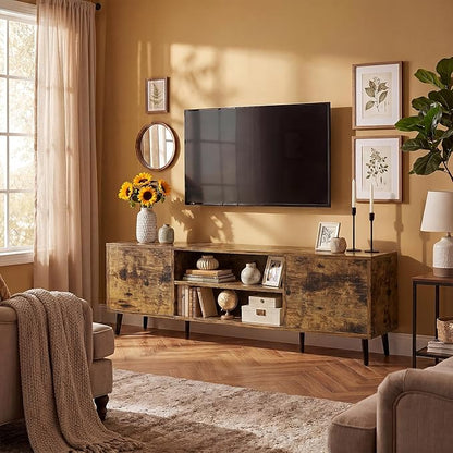 JUMMICO Mid-Century Modern TV Stand for 65-70 Inch TVs, 63 Inch Media Console with Storage, Entertainment Center with Push-Open Cabinets and Cable Management for Living Room (Rustic Brown, 63 Inches)