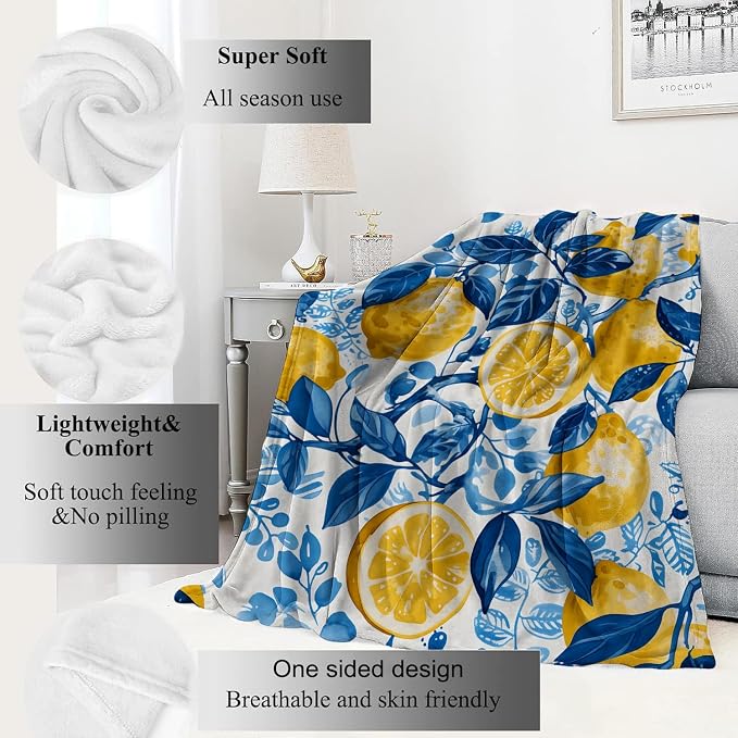 Lemon Blanket Fresh Citrus Fruit Throw Blankets with Blue Leaves,Birthday Gifts for Girls Boys Women & Food Lovers,Lightweight Soft Fleece,for Sofa Couch Bed Room Summer Decor 50x60in